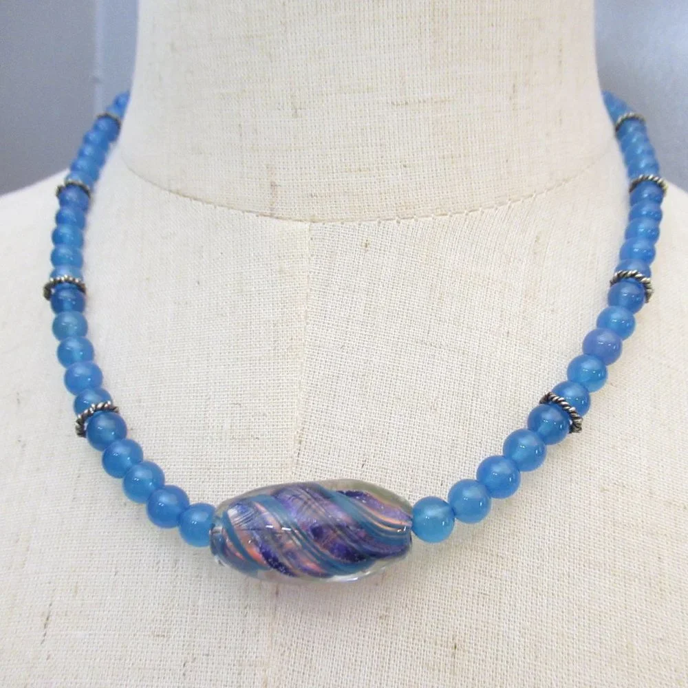 Blue Quartz Stone Necklace With Glass Bead